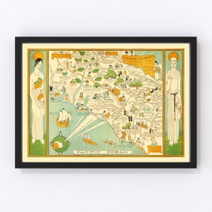 May include: A vintage illustrated map of Orange County, California, showing the historical development of the area. The map features a colorful depiction of the county's landscape, including citrus groves, farms, and towns. The map is surrounded by a border with a decorative design.