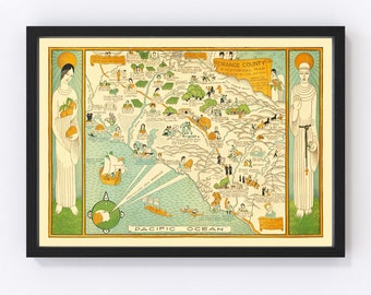 Orange County CA Map 1929 - Old Map of  California Art Vintage Print Framed Canvas Portrait History Genealogy Farmhouse Décor