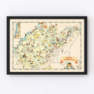 May include: A vintage illustrated map of West Virginia with a yellow background and colorful cartoon illustrations of the state's landmarks, industries, and natural features. The map is framed in black and includes the text "West Virginia" in a red banner.