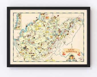 May include: A vintage illustrated map of West Virginia with a yellow background and colorful cartoon illustrations of the state's landmarks, industries, and natural features. The map is framed in black and includes the text "West Virginia" in a red banner.