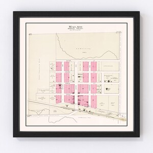 May include: An antique map of Malmo, Harbor Precinct, Sweden. The map is printed in black and white with pink blocks representing buildings. The map shows streets, buildings, and other features of the city.