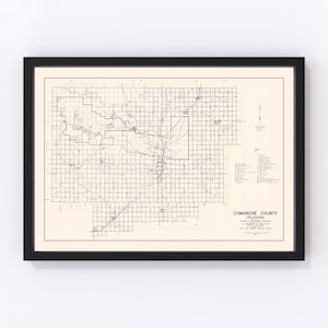 May include: A vintage map of Comanche County, Oklahoma, showing township and range lines, roads, and towns. The map is printed in blue ink on a cream-colored background.