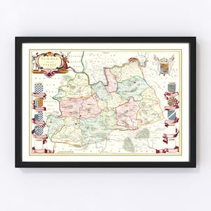 Surrey Map 1665, Vintage Surrey Map, Old Surrey Art, Wall Art Gift for Surrey History Lovers Retro Decor