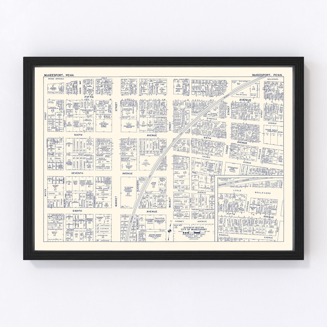 Mckeesport Map 1950 Old Map of Mckeesport Business Section Pennsylvania Art Vintage Print Framed