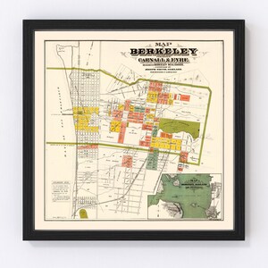 May include: Framed vintage map of Berkeley, California, with colorful blocks representing different areas. The map, published by Carnall & Eyre, includes details of Berkeley Real Estate and San Francisco.