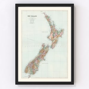 New Zealand Map Art - Vintage Print from 1904 - Old New Zealand Art - Framed or Canvas
