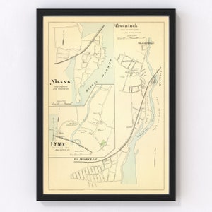 May include: An antique map of Noank, Lyme, and Pawcatuck, Connecticut. The map is printed on cream-colored paper and features blue and green water features. The map includes the text "Noank, Town of Groton, New London Co." and "Lyme, Town of Old Lyme, New London Co."