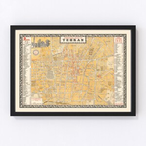 May include: A vintage map of Tehran, Iran, printed in yellow and black with a title that reads "Central Map of Tehran" and "Edition 1983".