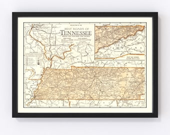 May include: Vintage map of the best roads in Tennessee, showing major cities, paved roads, and road distances. The map is printed in brown and black ink on a cream-colored background.