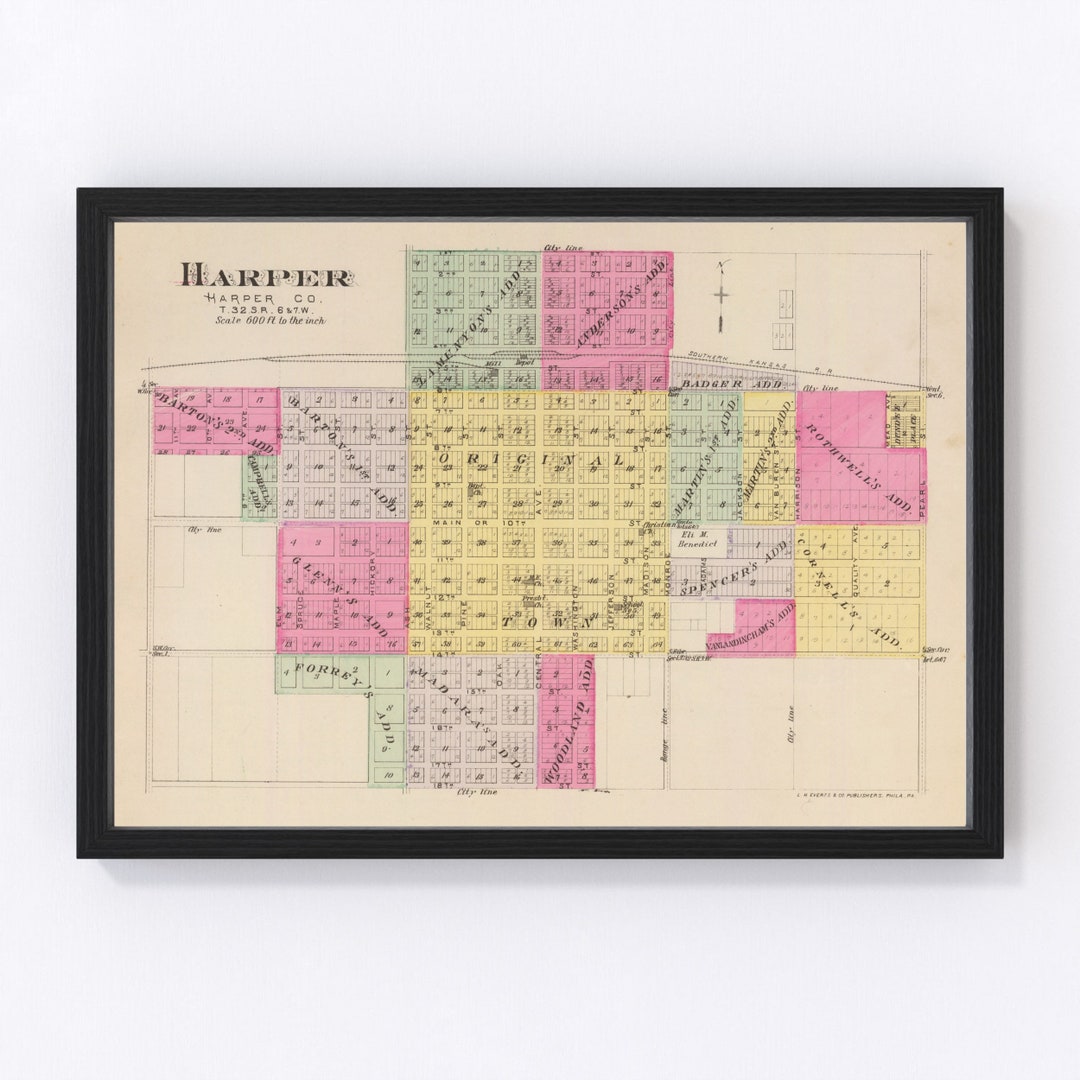 Harper County KS Map 1887 Old Map of Anthony Kansas Art Vintage Print
