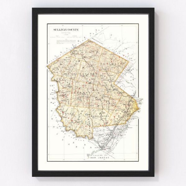 Mapa del condado de Sullivan 1895, mapa antiguo del condado de Sullivan, arte antiguo del condado de Sullivan en Nueva York, regalo de arte mural para amantes de la historia del condado de Sullivan
