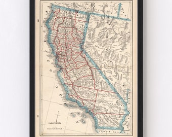 California Map 1893 - Old Map of California Art Vintage Print Framed Wall Art Canvas Portrait CA History Genealogy Farmhouse Décor