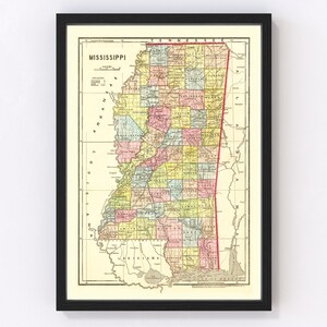 Mississippi Map 1856, Vintage Mississippi Map, Old Mississippi Art, Wall Art Gift for Mississippi History Lovers Retro Decor