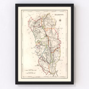 Kilkenny County Ireland Map 1846, Vintage Kilkenny County Ireland Map, Old Kilkenny County Ireland Art, Wall Art Gift for Kilkenny County Ir