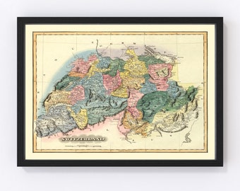 May include: An antique map of Switzerland, printed in color, showing the cantons and surrounding countries. The map is framed in black and has a cream-colored mat.