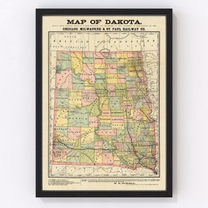 South Dakota, North Dakota Map 1882, Vintage South Dakota, North Dakota Map, Old South Dakota, North Dakota Art, Wall Art Gift for South Dak