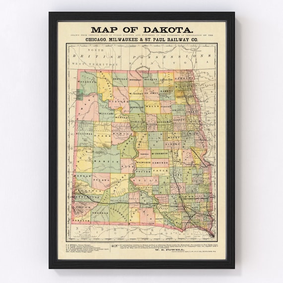 South Dakota, North Dakota Map 1882, Vintage South Dakota, North