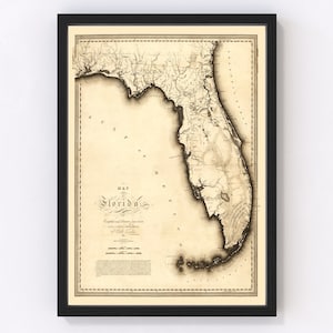 Florida Map 1823 - Old Map of Florida Art Vintage Print Framed Wall Art Canvas Portrait FL History Genealogy Farmhouse Décor