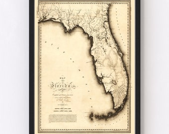 Florida Map 1823 - Old Map of Florida Art Vintage Print Framed Wall Art Canvas Portrait FL History Genealogy Farmhouse Décor