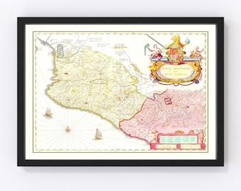 May include: An antique map of Nova Hispania and Nova Galicia, showing the regions of Mexico and parts of Central America. The map is in a black frame and features a coat of arms with a crown and a shield.