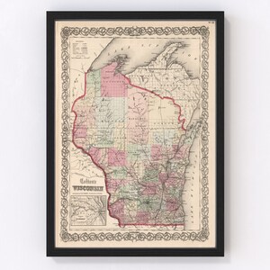 Wisconsin Map 1861, Vintage Wisconsin Map, Old Wisconsin Art, Wall Art Gift for Wisconsin History Lovers Retro Decor
