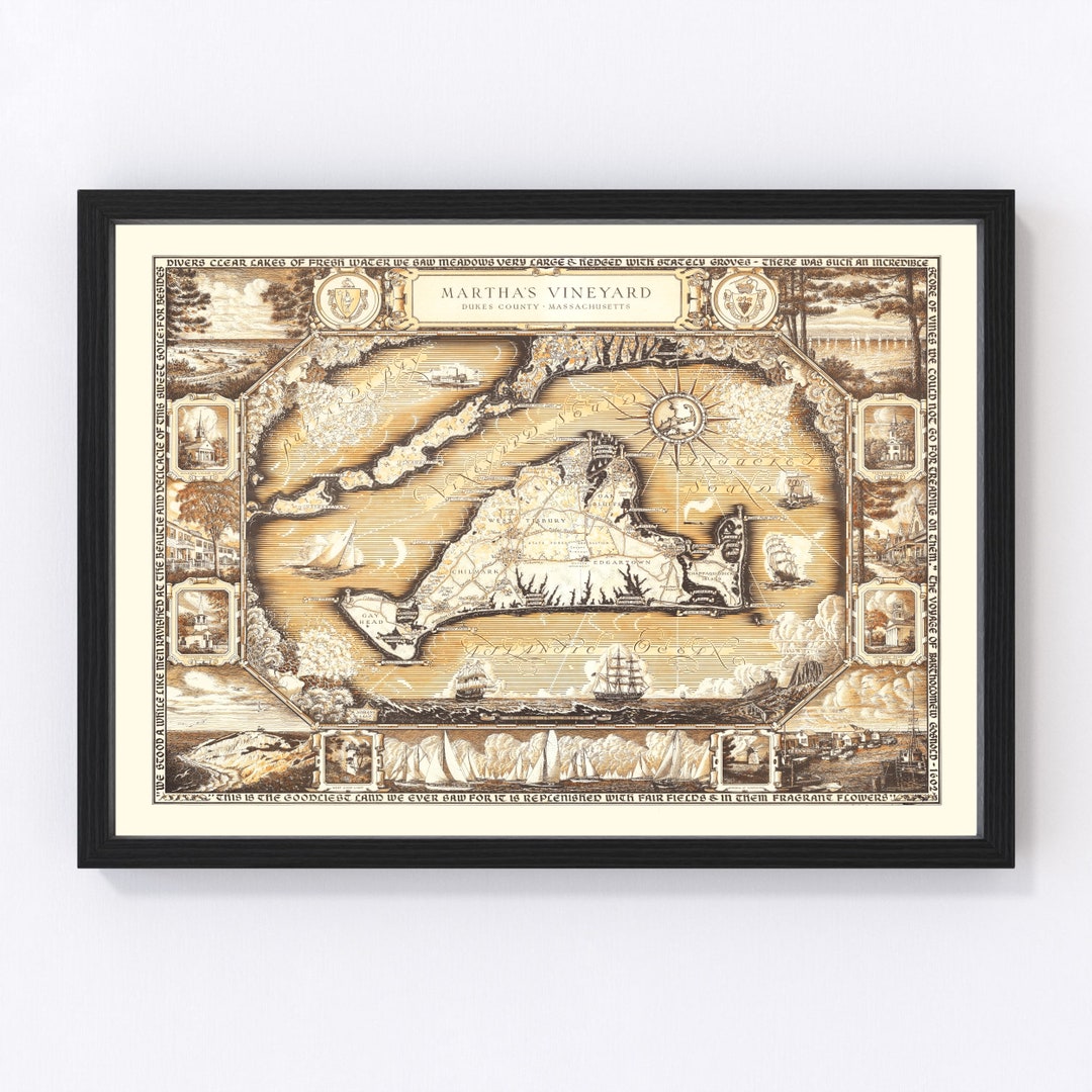 Martha's Vineyard Map 1954 Old Map of Martha's Vineyard Art Vintage