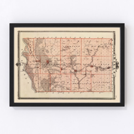 Mills County IA Map 1875 Old Map of Glenwood Iowa Art Etsy