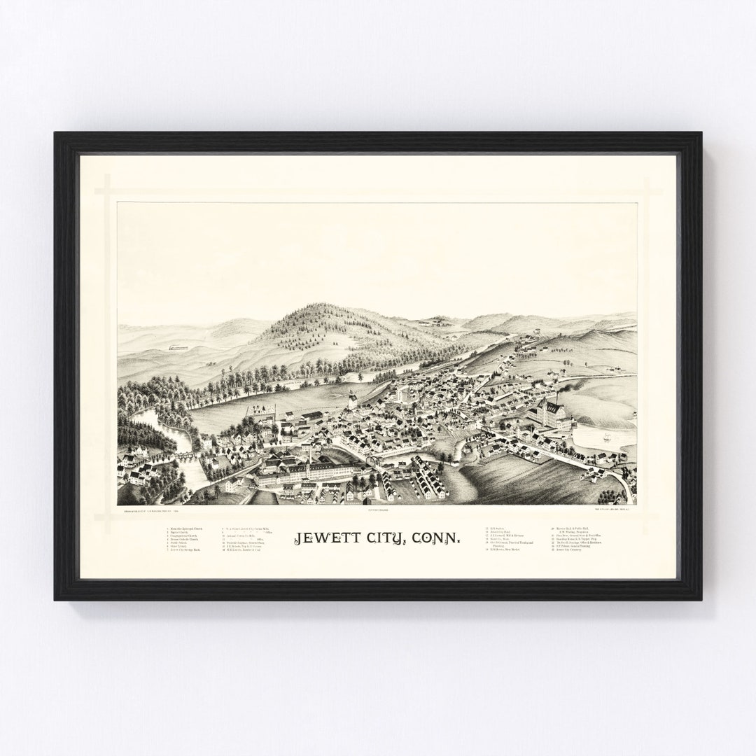 Jewett City Map 1889 Old Map of Jewett City Connecticut Art Vintage Print Framed Canvas Birds