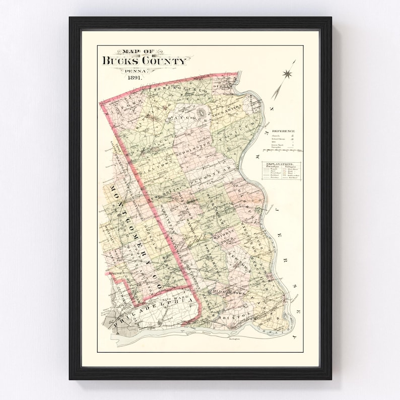 Bucks County PA Map 1891 Old Map of Pennsylvania Art Vintage Print