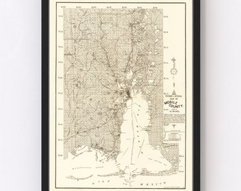 Mobile County Alabama Map 1895 - Old Map of Mobile County Alabama Art Vintage Print Framed Canvas Portrait History Genealogy Farmhouse Décor