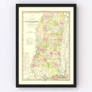 Mississippi Map 1836, Vintage Mississippi Map, Old Mississippi Art, Wall Art Gift for Mississippi History Lovers Retro Decor