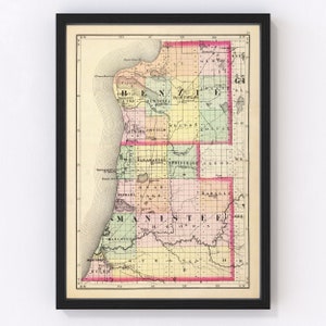 Manistee County Map 1873, Vintage Manistee County Map, Old Manistee County Michigan Art, Wall Art Gift for Manistee County History Lovers Re