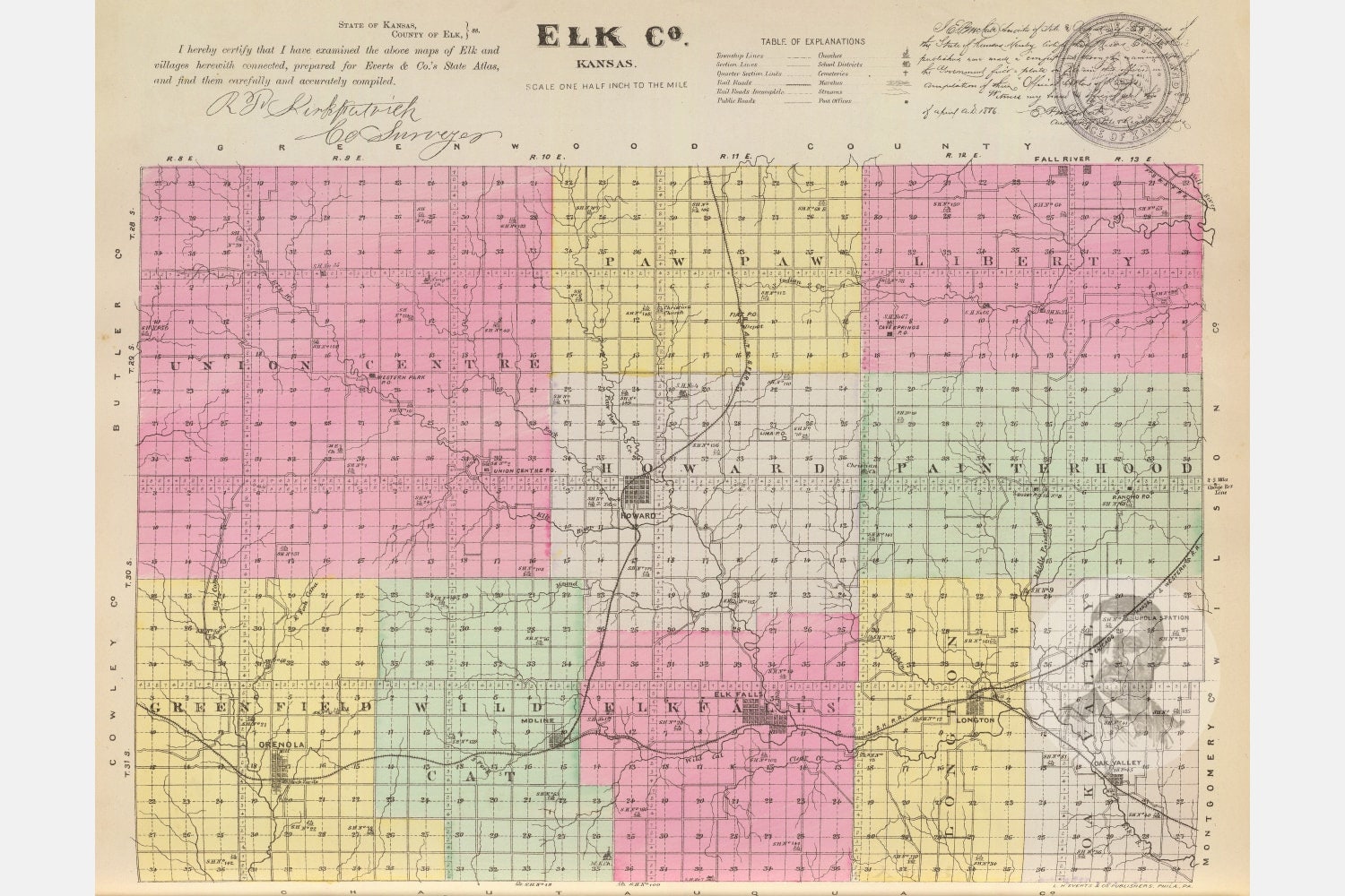 Vintage Elk County KS Map 1887 Old Kansas Map Historical Etsy