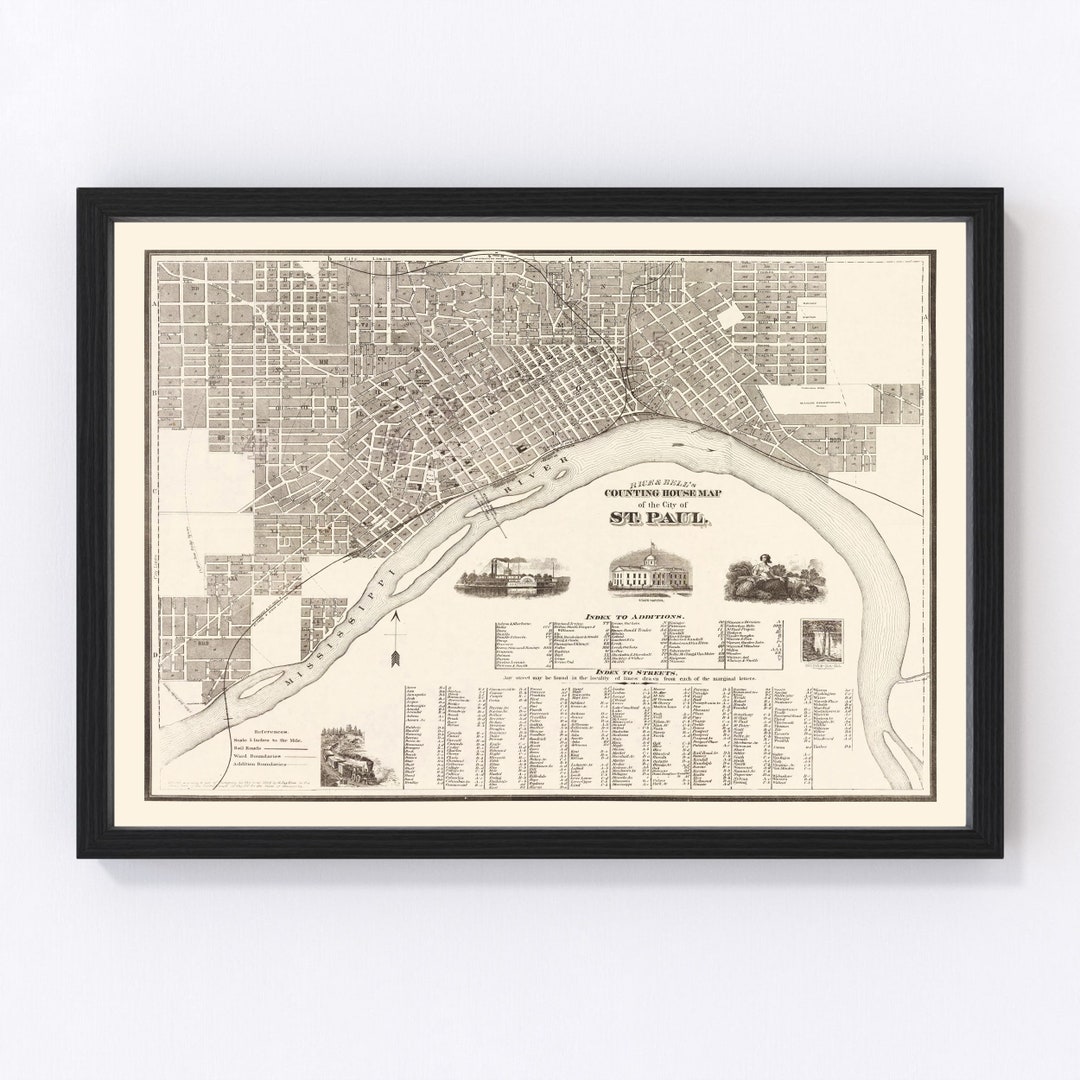 St. Paul Map 1869 Old Map of St. Paul Minnesota Art Vintage Print Framed Canvas Portrait History ...