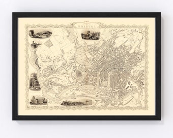 Bristol & Clifton Map 1851 - Old Map of Bristol Clifton United Kingdom Art Vintage Print Framed Wall Art Canvas Portrait History