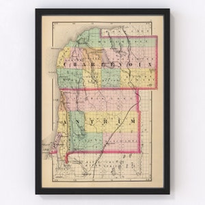 Charlevoix County Map 1873, Vintage Charlevoix County Map, Old Charlevoix County Michigan Art, Wall Art Gift for Charlevoix County History L