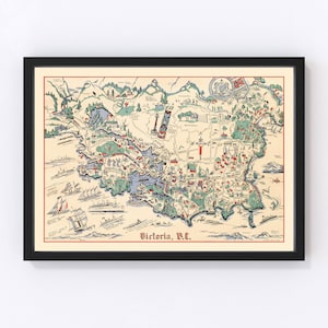 May include: A vintage illustrated map of Victoria, B.C. with a colorful depiction of the city's streets, buildings, and landmarks. The map includes a key with various symbols representing different points of interest. The map is framed in a black frame.