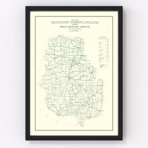 May include: A vintage map of Harrison County, Indiana, showing rural delivery service routes. The map is printed in black and green ink on a cream-colored background. The map includes a legend with postal routes and towns.
