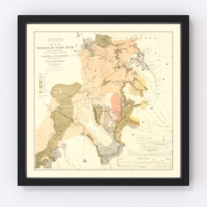 May include: A vintage map of the Sources of Snake River with the text "Hayden and Yellowstone Snake River Expedition". The map is in shades of brown, green, yellow, pink, and blue. The map shows the Yellowstone National Park area.