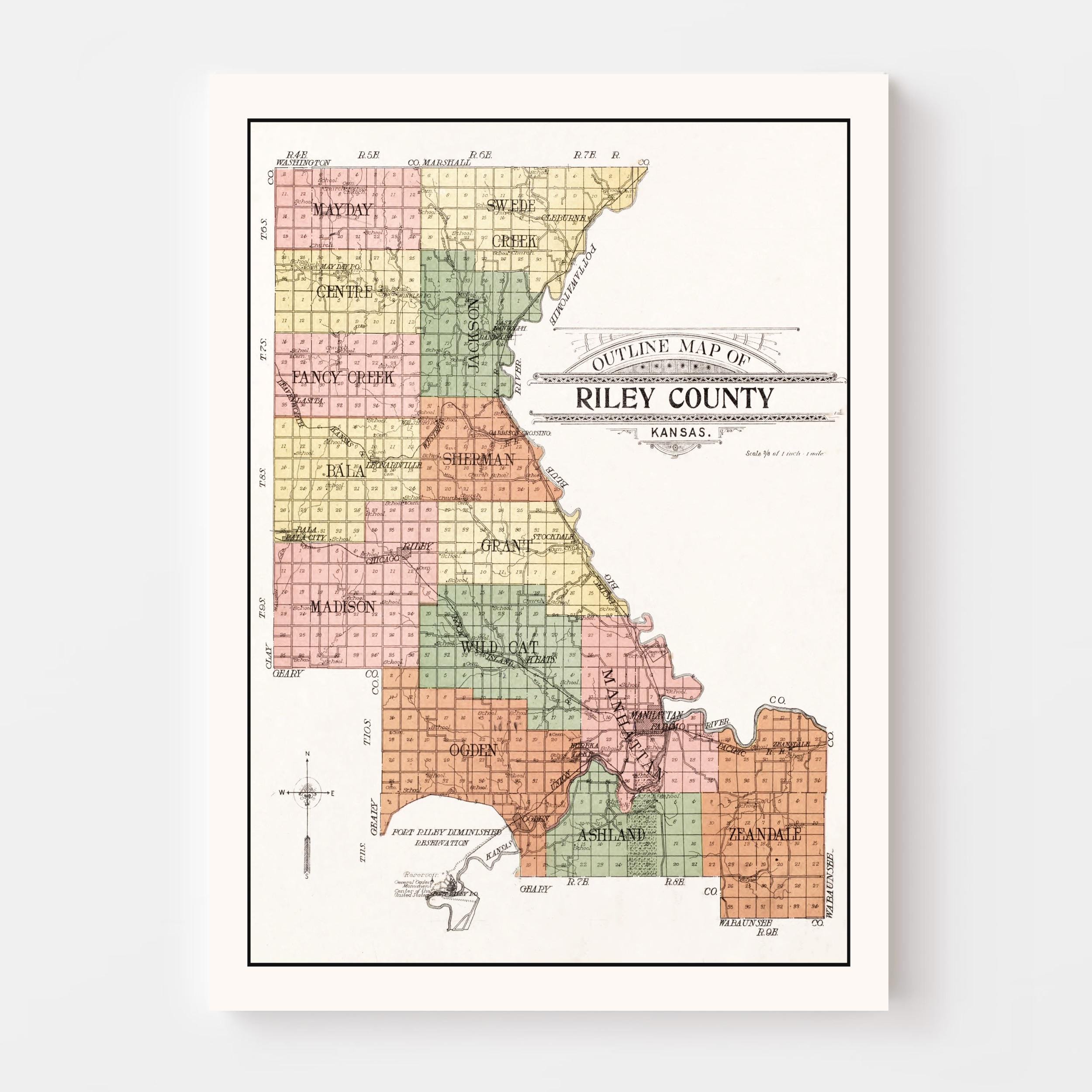 Map Riley Riley County Map 1909, Vintage Riley County Map, Old Riley County ...
