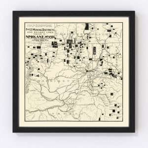 May include: A vintage map showing the principal mining districts and railway lines tributary to Spokane, Washington. The map is printed in black and white and features a detailed outline of the region.