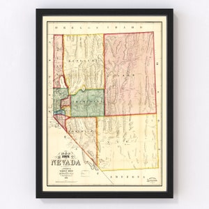 Nevada Map 1866, Vintage Nevada Map, Old Nevada Art, Wall Art Gift for Nevada History Lovers Retro Decor