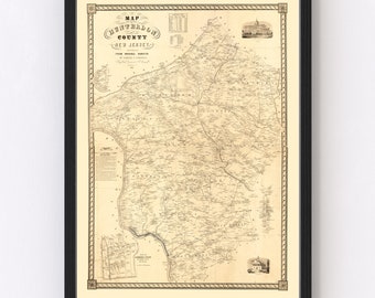 Hunterdon County New Jersey Map 1851 - Old Map of Hunterdon County New Jersey Art Vintage Print Framed Canvas Portrait History Genealogy