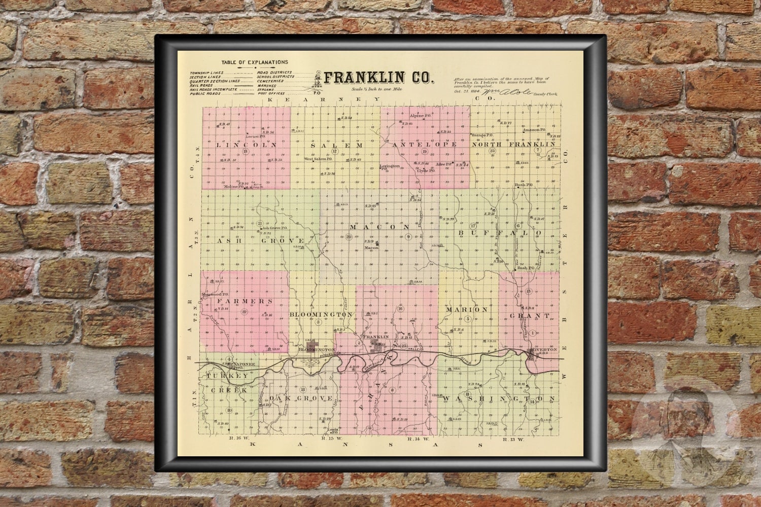 Vintage Franklin County NE Map 1885 Old Nebraska Map Etsy