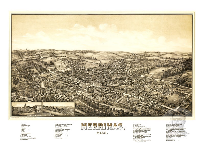 Merrimac Massachusetts Vintage Map From 1889 Old City Map Etsy