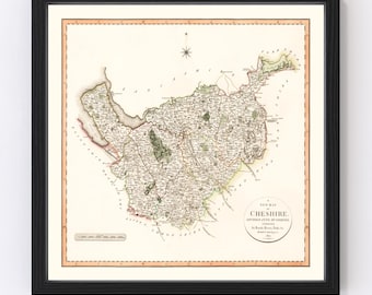 Cheshire County England Map 1808, Vintage Cheshire County England Map, Old Cheshire County England Art, Wall Art Gift for Cheshire County En