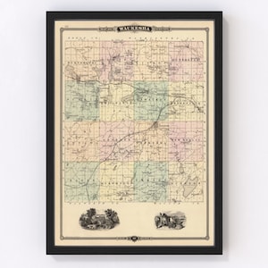 Waukesha County Map 1878, Vintage Waukesha County Map, Old Waukesha County Wisconsin Art, Wall Art Gift for Waukesha County History Lovers R