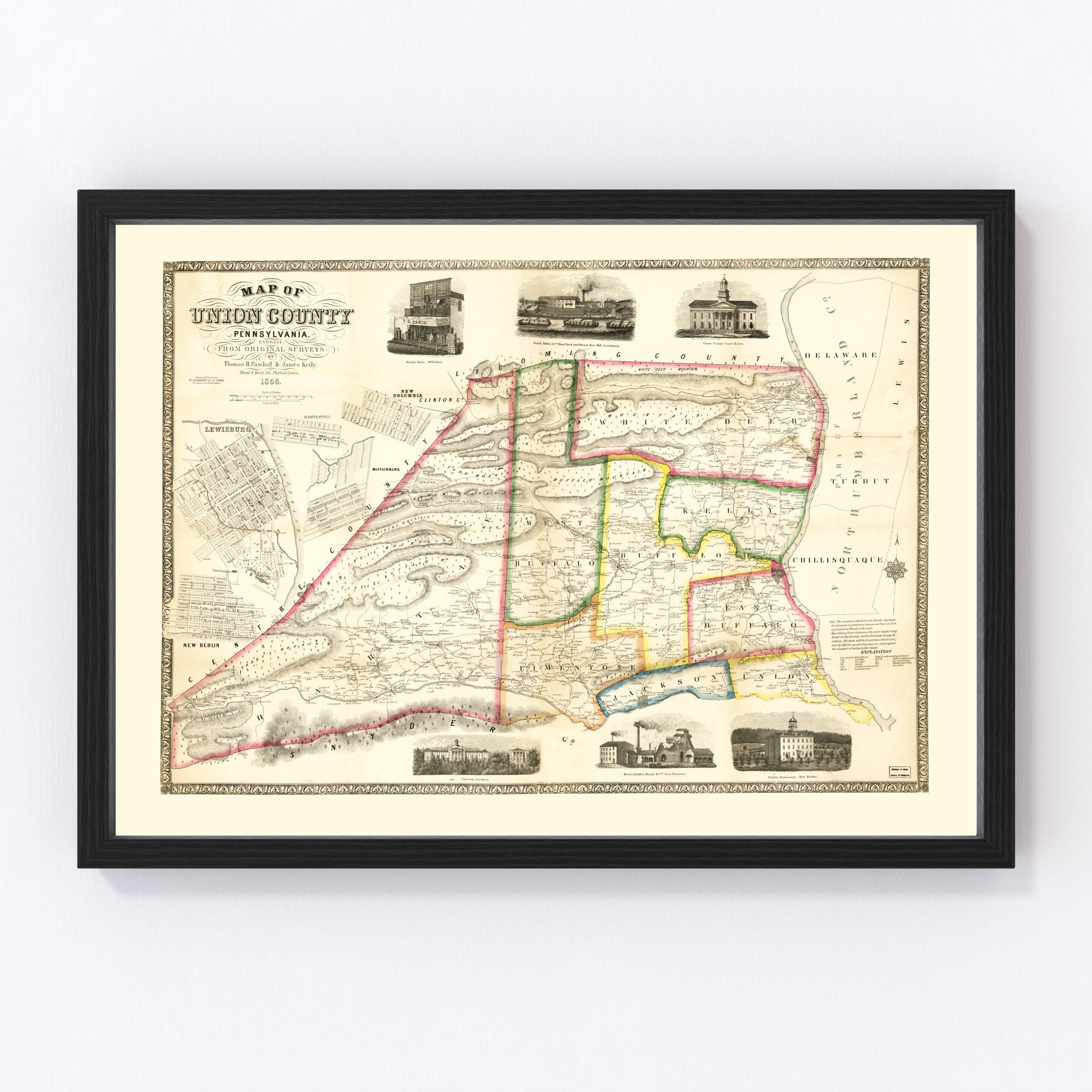 Union County Pa Map Union County Pennsylvania Vintage Map From 1856 Old County | Etsy