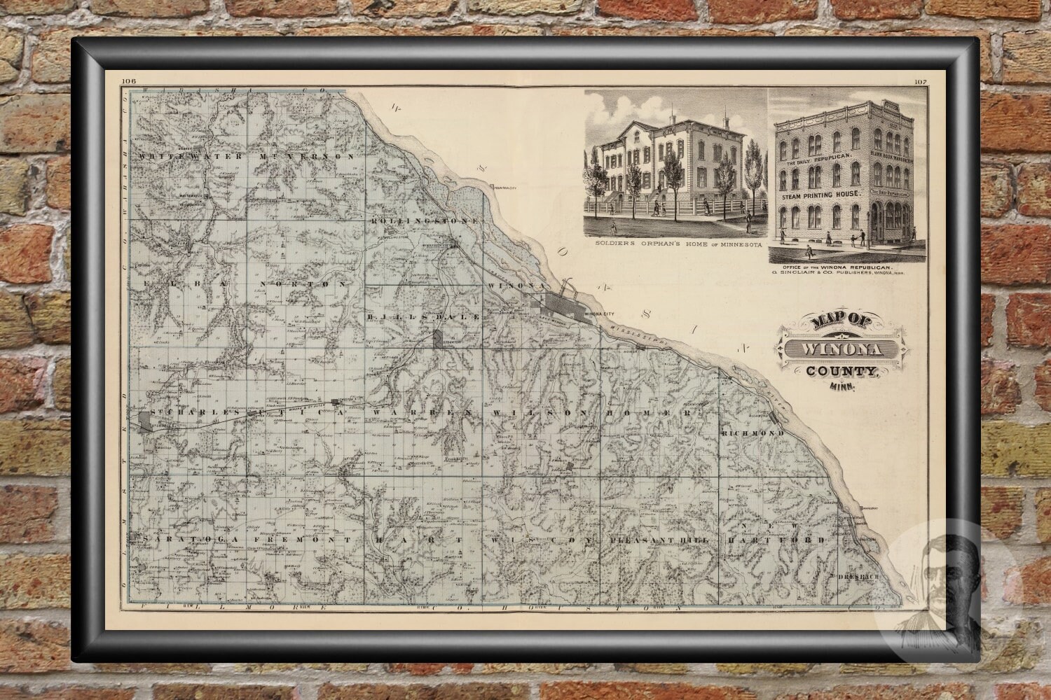 Vintage Winona County MN Map 1874 Old Minnesota Map Etsy