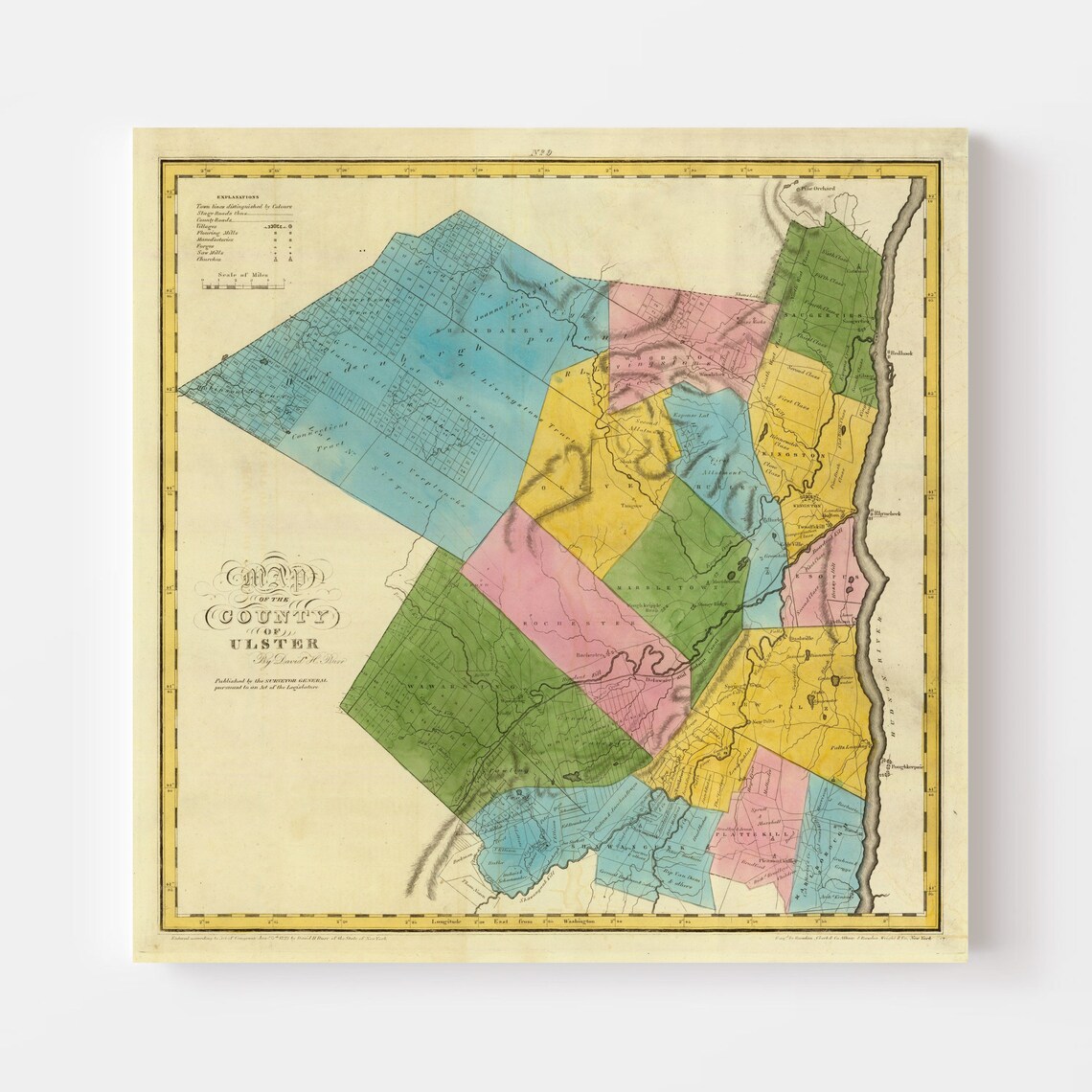 Ulster County NY Map 1829 Old Map of Kingston New York Art Etsy